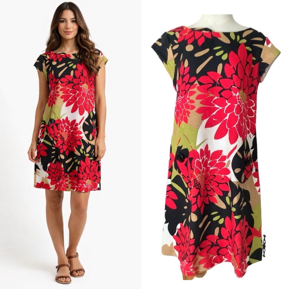 K STUDIO COLLECTION VTG. RETRO FLOWER SHIFT DRESS. Size 10 red,black moss‎ green